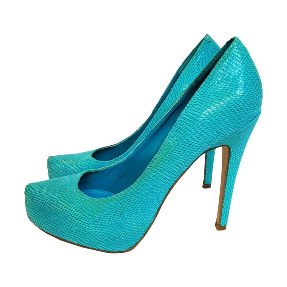 BCBGeneration Turquoise Snake-Embossed Platform Pumps